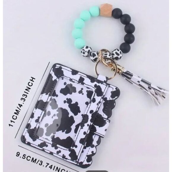 Cow Print ID & Card Holder With Gray Accent Beads Wallet/Wristlet/Keychain NEW - Picture 2 of 2